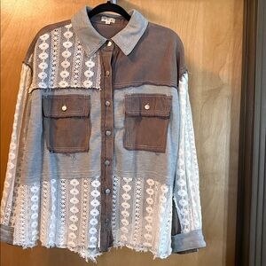 POL Patchwork Lace Button-Down Shirt; Size L; New